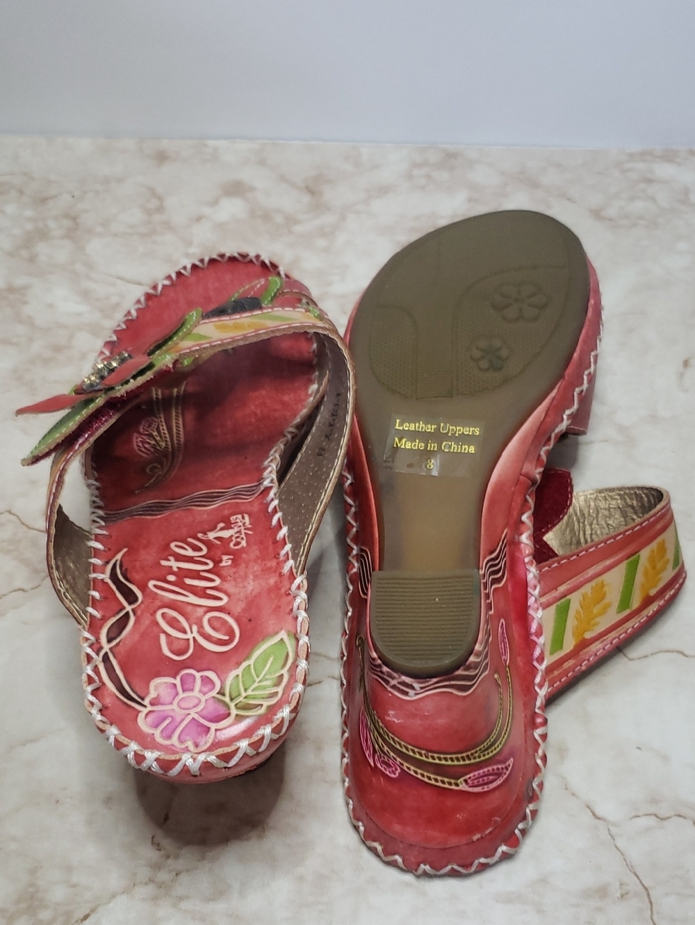 Elite By Corkys  Women's Floral Red Leather Slide Sandals with Green Accents 8 - Picture 7 of 7